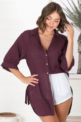 Beachly Shirt - Folded Collar Button Down Relaxed Shirt In Burgundy