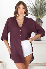 Beachly Shirt - Folded Collar Button Down Relaxed Shirt In Burgundy