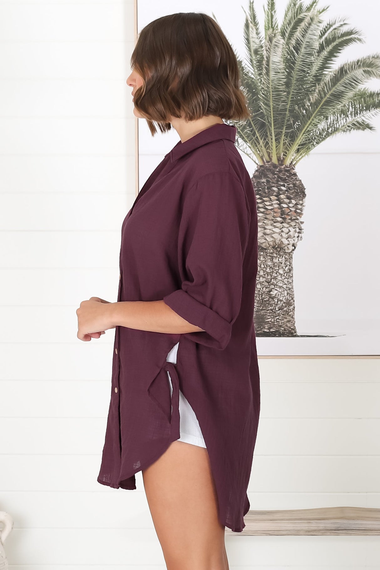 Beachly Shirt - Folded Collar Button Down Relaxed Shirt In Burgundy