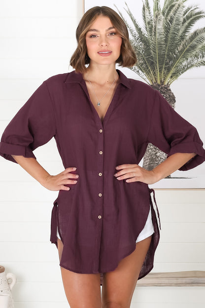 Beachly Shirt - Folded Collar Button Down Relaxed Shirt In Burgundy