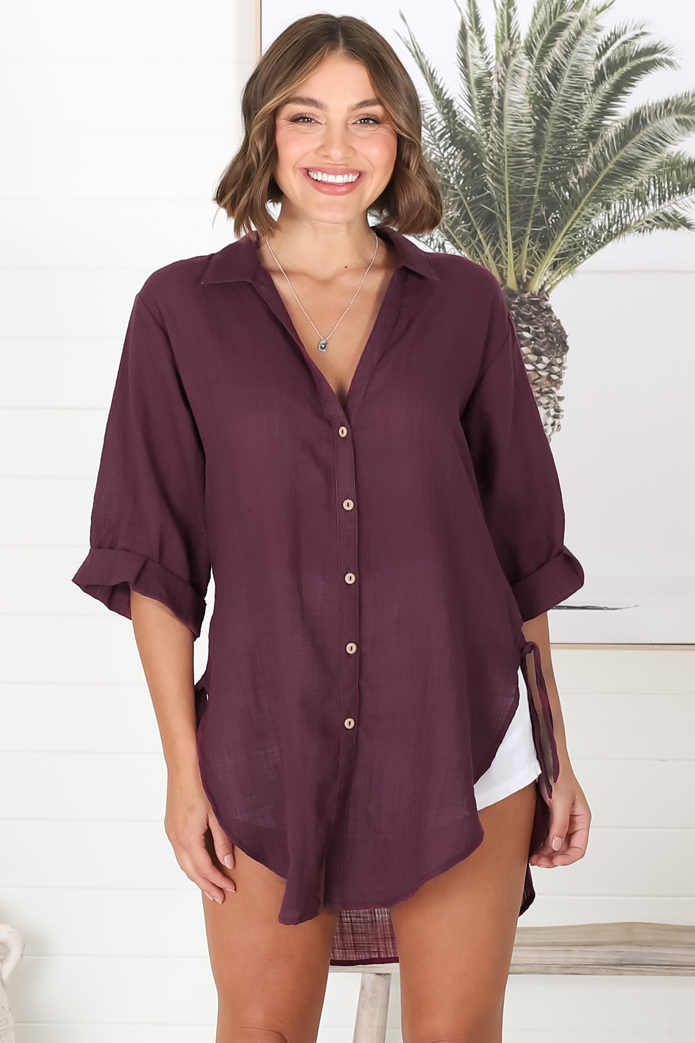 Beachly Shirt - Folded Collar Button Down Relaxed Shirt In Burgundy