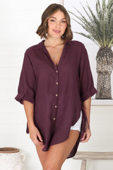 Beachly Shirt - Folded Collar Button Down Relaxed Shirt In Burgundy