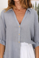 Beachly Shirt - Folded Collar Button Down Relaxed Shirt In Cloudy Blue