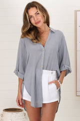 Beachly Shirt - Folded Collar Button Down Relaxed Shirt In Cloudy Blue