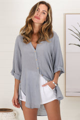 Beachly Shirt - Folded Collar Button Down Relaxed Shirt In Cloudy Blue