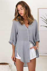 Beachly Shirt - Folded Collar Button Down Relaxed Shirt In Cloudy Blue