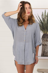 Beachly Shirt - Folded Collar Button Down Relaxed Shirt In Cloudy Blue