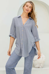 Beachly Shirt - Folded Collar Button Down Relaxed Shirt In Cloudy Blue