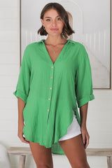 Beachly Shirt - Folded Collar Button Down Relaxed Shirt In Green