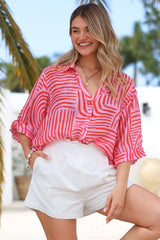 Beachly Shirt - Folded Collar Button Down Relaxed Shirt in Hansel Print Pink