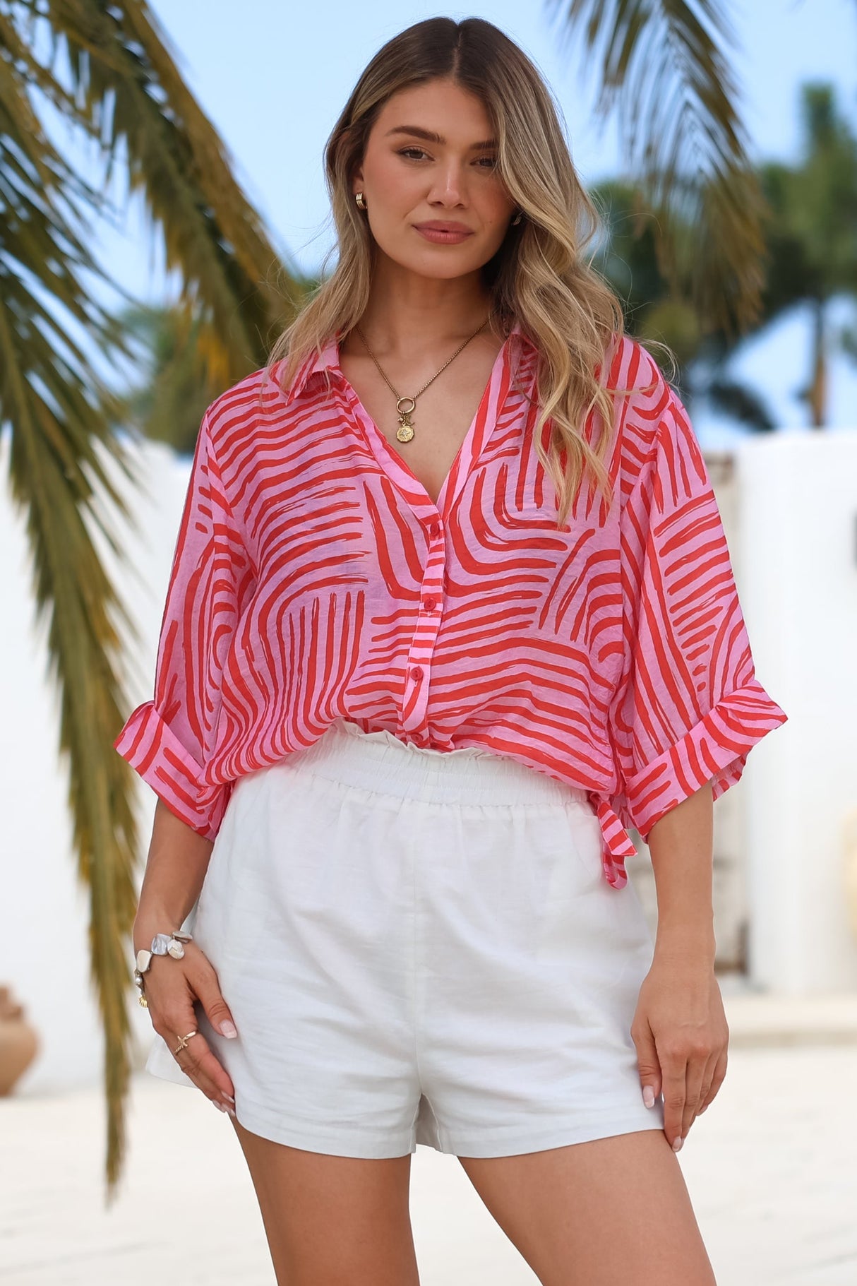 Beachly Shirt - Folded Collar Button Down Relaxed Shirt in Hansel Print Pink