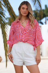 Beachly Shirt - Folded Collar Button Down Relaxed Shirt in Hansel Print Pink