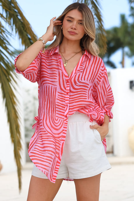 Beachly Shirt - Folded Collar Button Down Relaxed Shirt in Hansel Print Pink