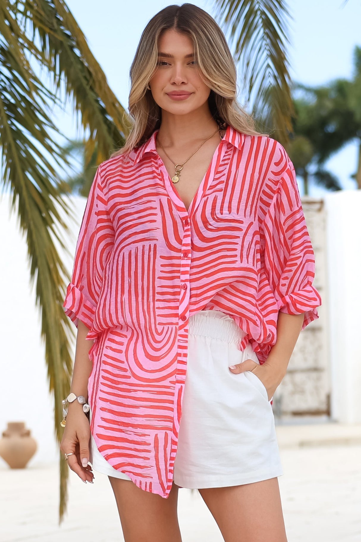 Beachly Shirt - Folded Collar Button Down Relaxed Shirt in Hansel Print Pink