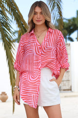 Beachly Shirt - Folded Collar Button Down Relaxed Shirt in Hansel Print Pink
