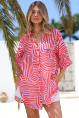 Beachly Shirt - Folded Collar Button Down Relaxed Shirt in Hansel Print Pink