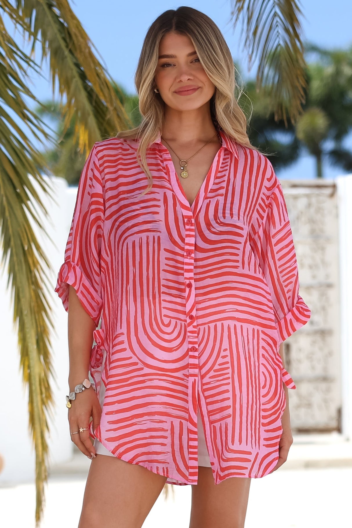Beachly Shirt - Folded Collar Button Down Relaxed Shirt in Hansel Print Pink