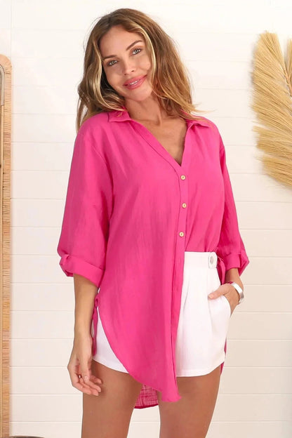 Beachly Shirt - Folded Collar Button Down Relaxed Shirt In Hot Pink