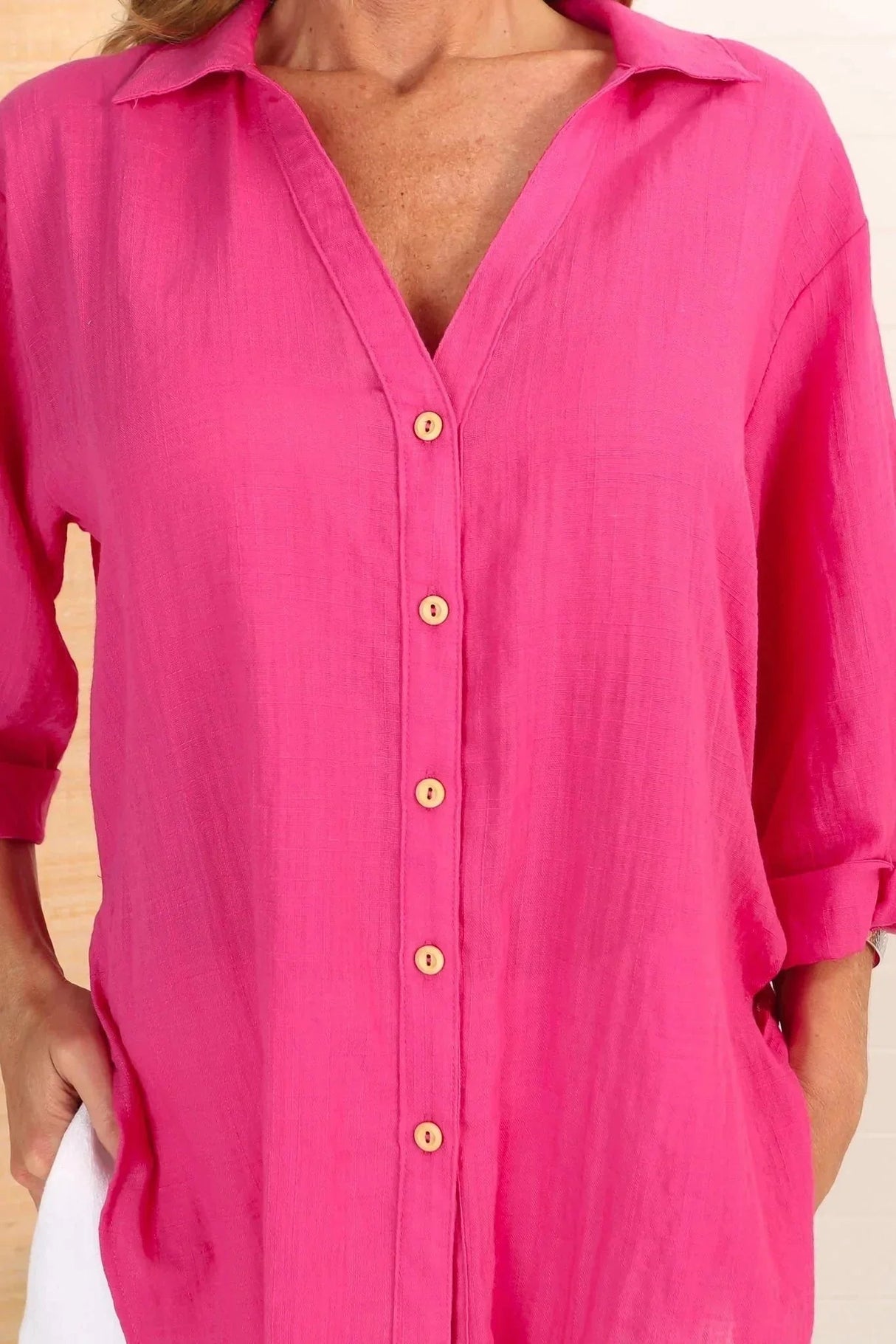 Beachly Shirt - Folded Collar Button Down Relaxed Shirt In Hot Pink