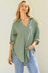 Beachly Shirt - Folded Collar Button Down Relaxed Shirt In Khaki