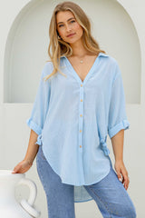 Beachly Shirt - Folded Collar Button Down Relaxed Shirt In Light Blue