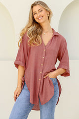 Beachly Shirt - Folded Collar Button Down Relaxed Shirt In Coral