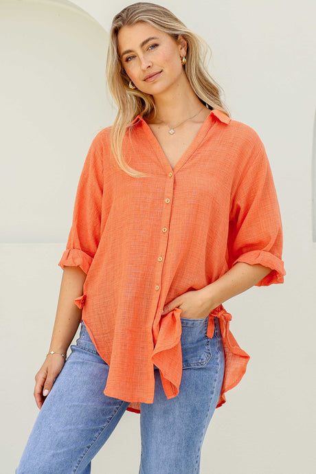 Beachly Shirt - Folded Collar Button Down Relaxed Shirt In Orange