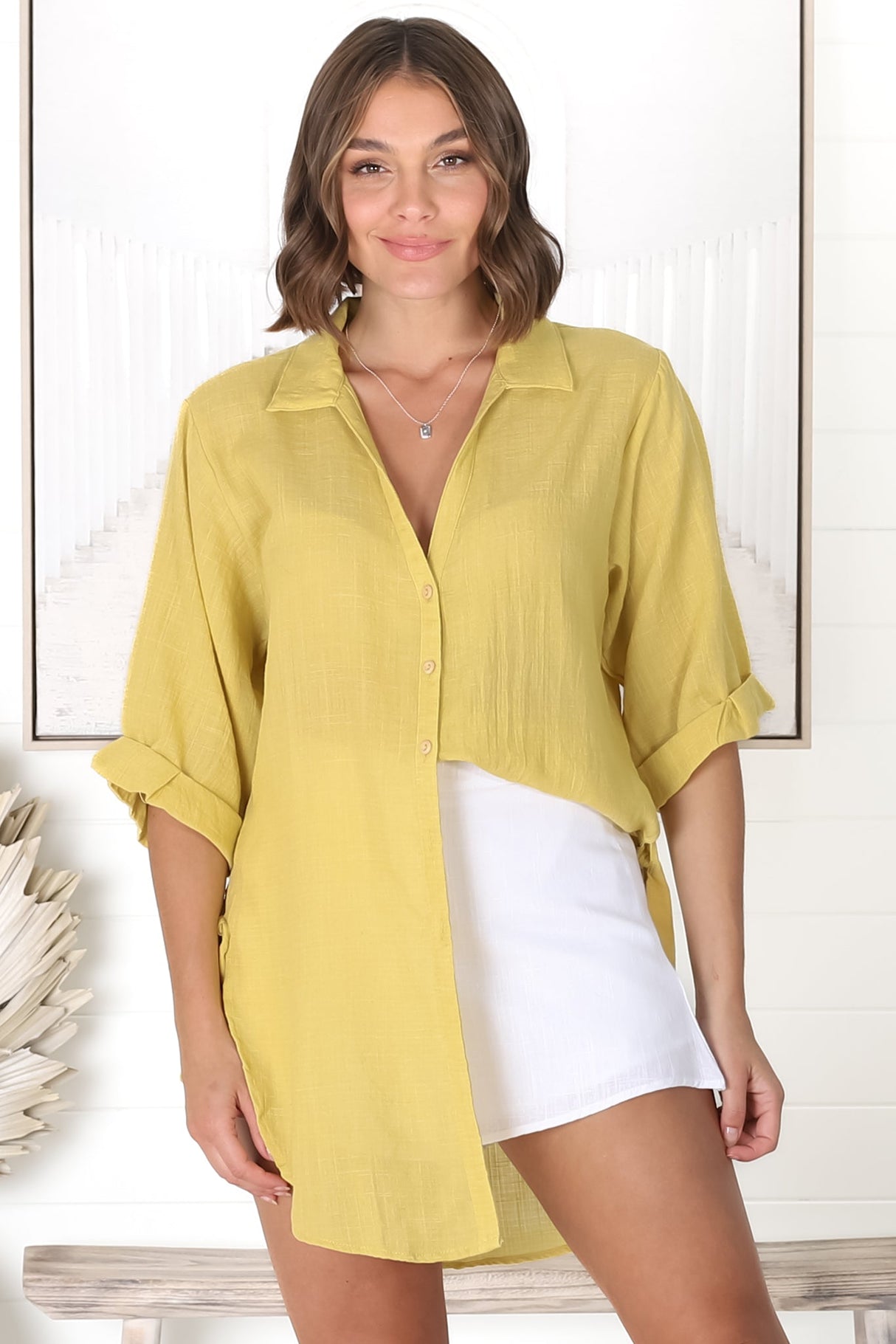 Beachly Shirt - Folded Collar Button Down Relaxed Shirt In Mustard