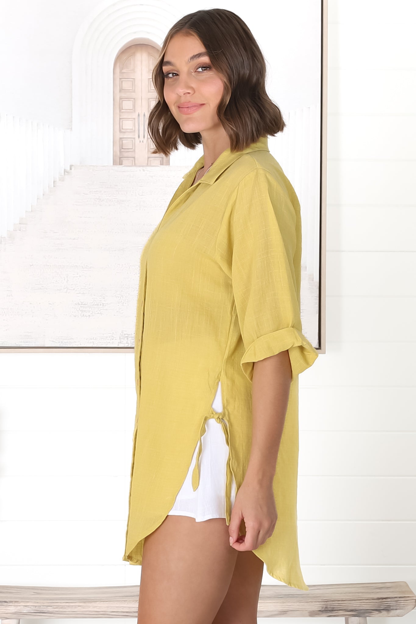 Beachly Shirt - Folded Collar Button Down Relaxed Shirt In Mustard