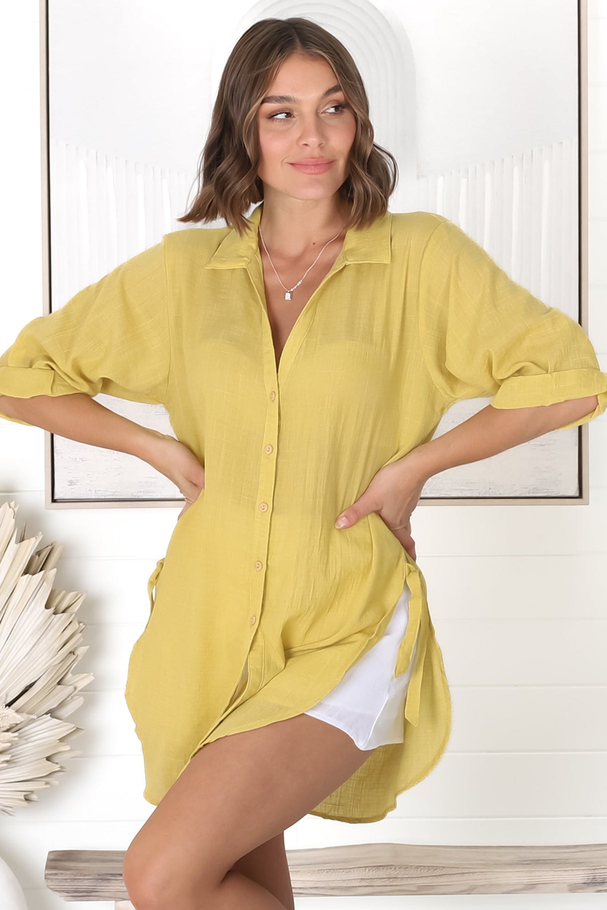 Beachly Shirt - Folded Collar Button Down Relaxed Shirt In Mustard