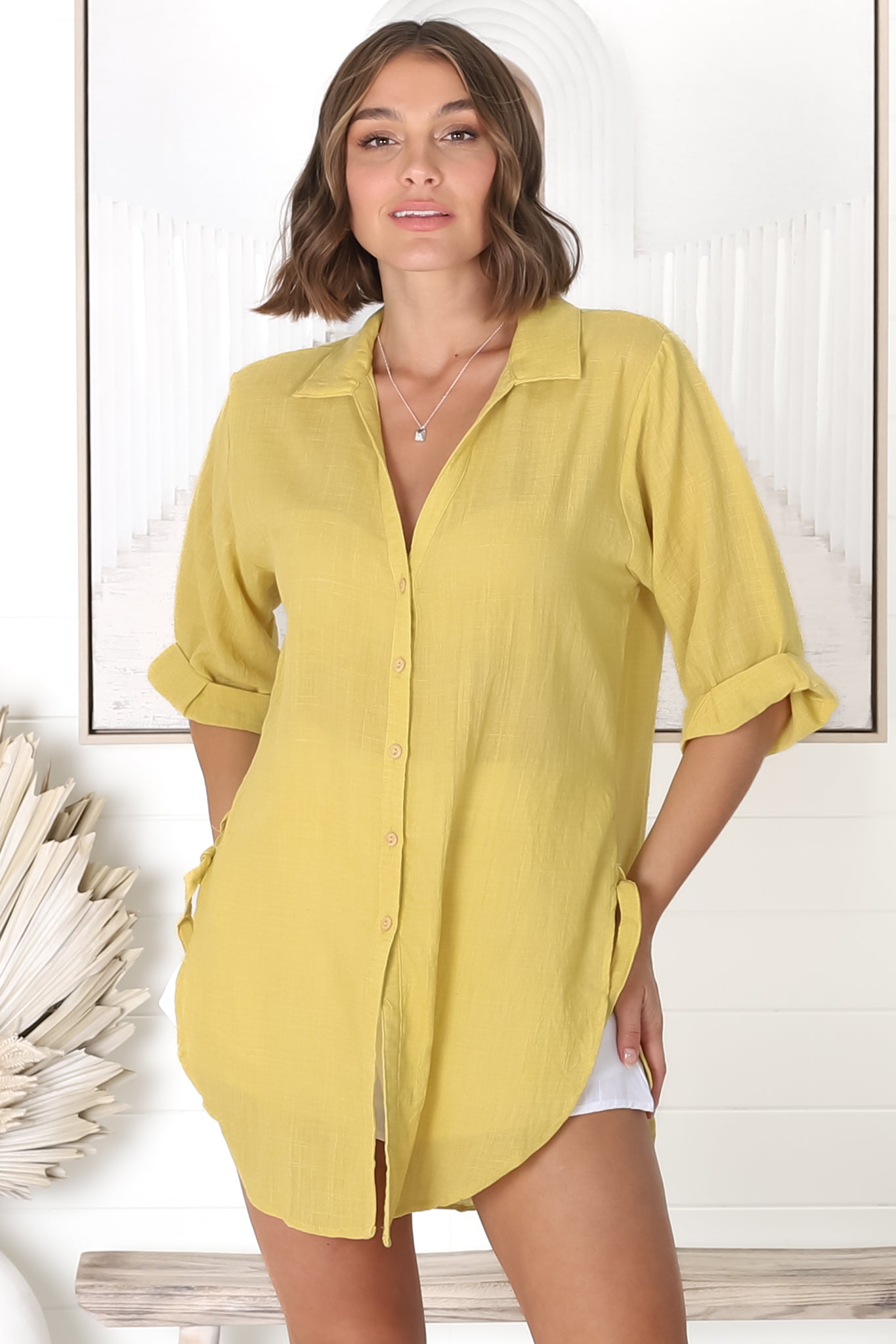 Beachly Shirt - Folded Collar Button Down Relaxed Shirt In Mustard
