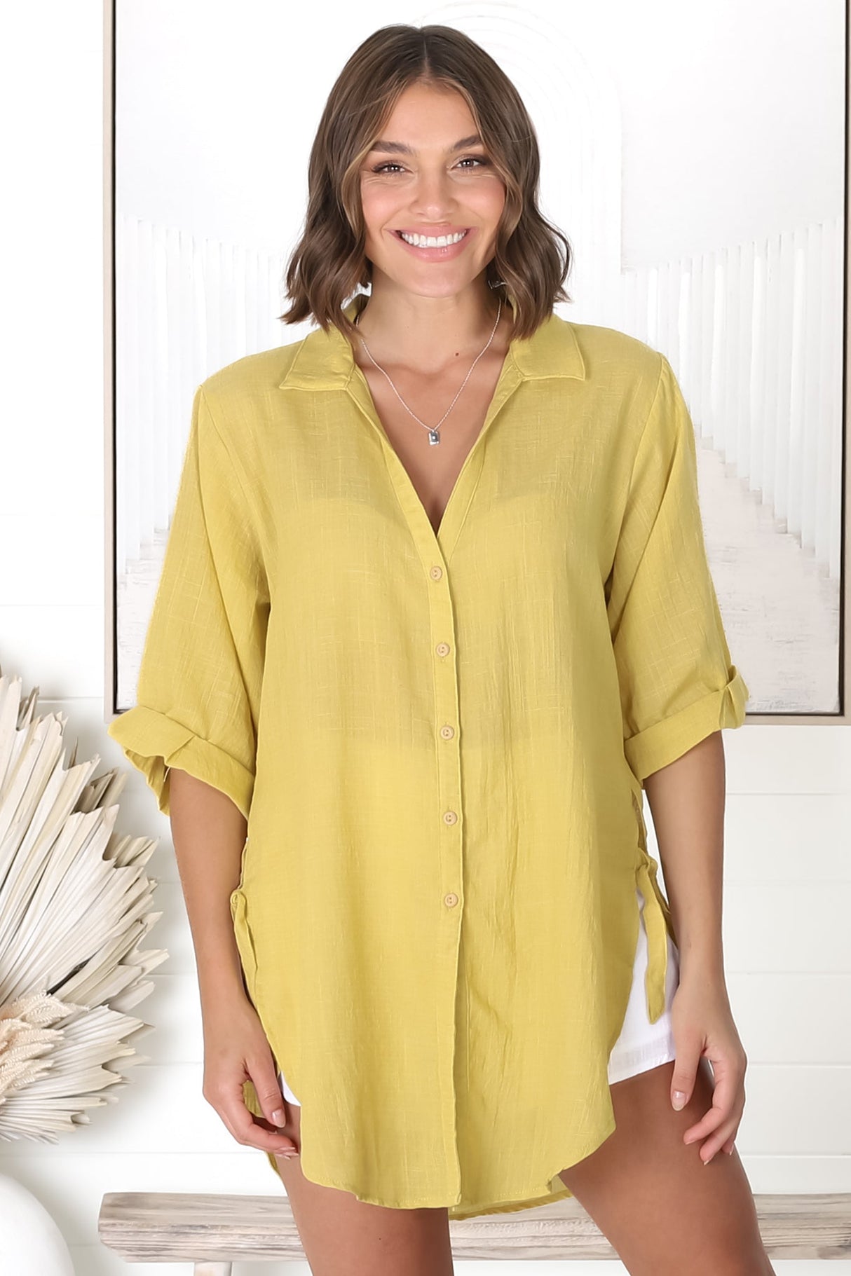 Beachly Shirt - Folded Collar Button Down Relaxed Shirt In Mustard