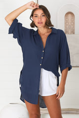 Beachly Shirt - Folded Collar Button Down Relaxed Shirt In Navy