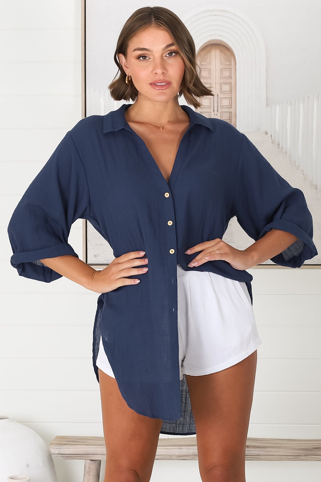 Beachly Shirt - Folded Collar Button Down Relaxed Shirt In Navy