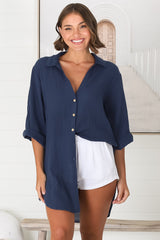 Beachly Shirt - Folded Collar Button Down Relaxed Shirt In Navy