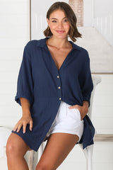 Beachly Shirt - Folded Collar Button Down Relaxed Shirt In Navy