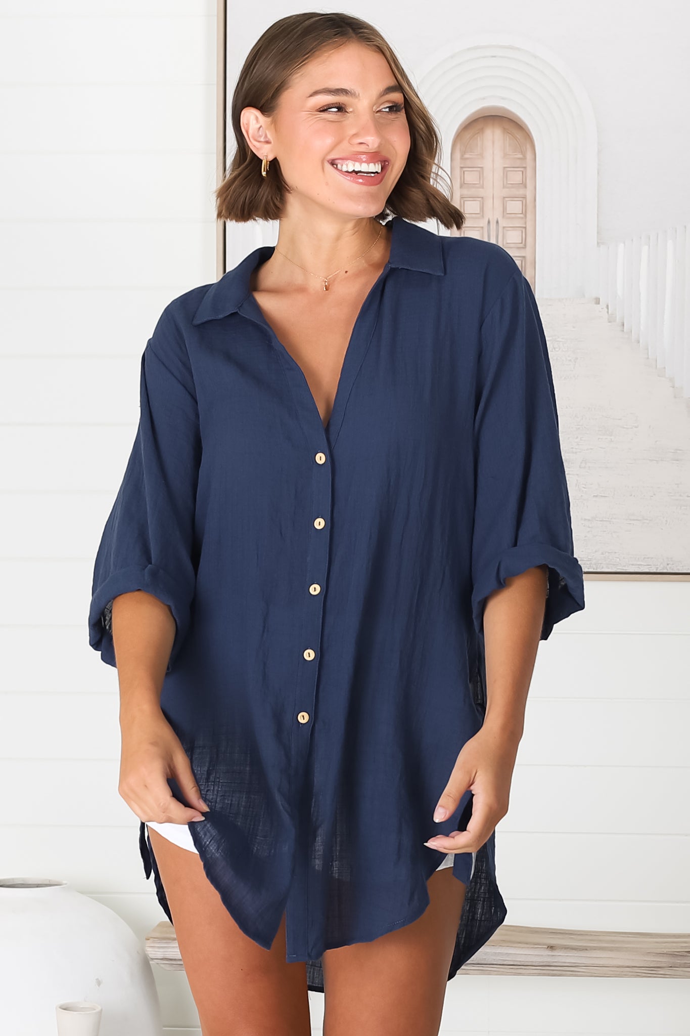 Beachly Shirt - Folded Collar Button Down Relaxed Shirt In Navy
