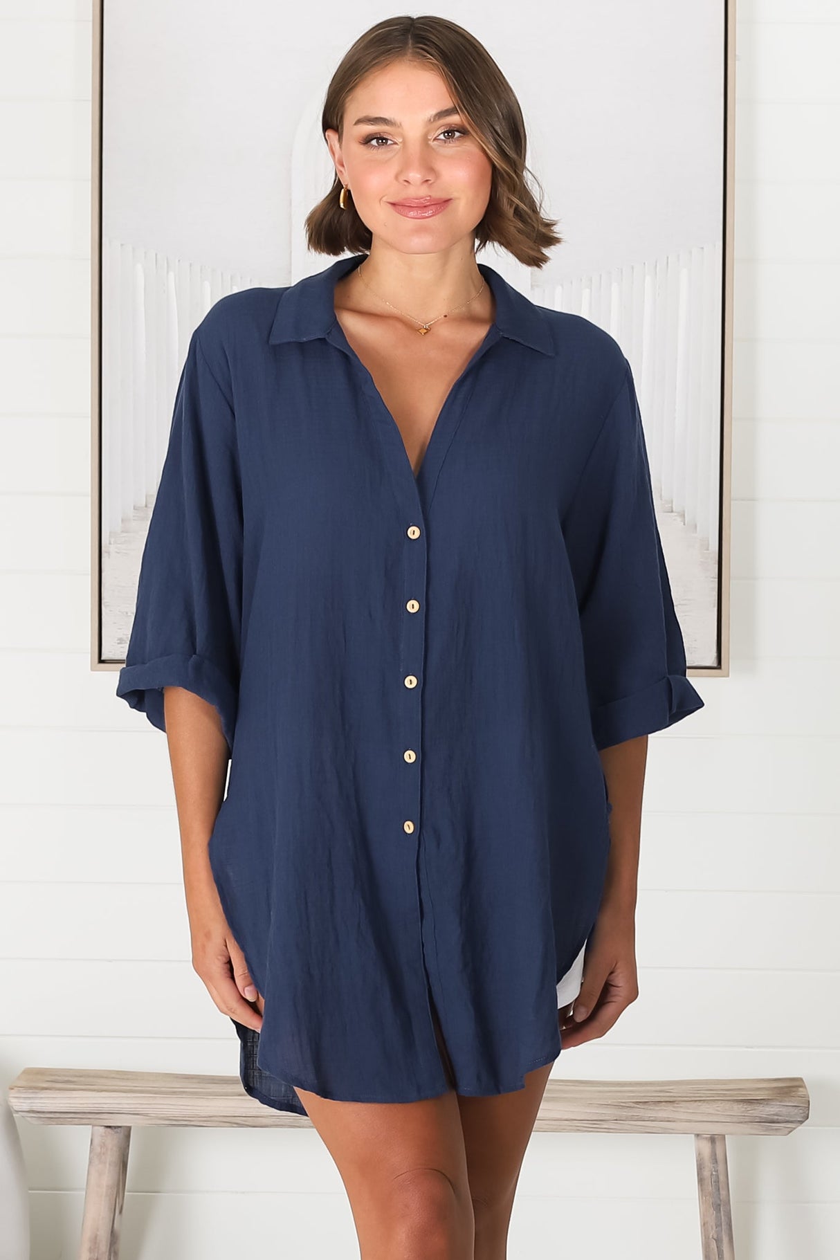 Beachly Shirt - Folded Collar Button Down Relaxed Shirt In Navy