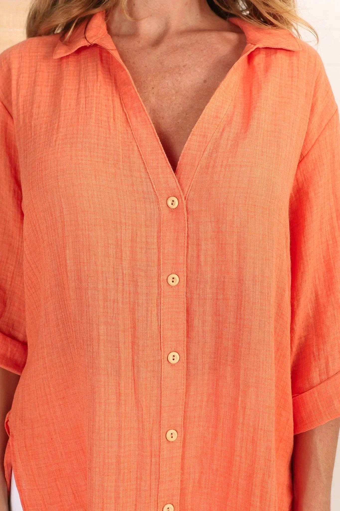 Beachly Shirt - Folded Collar Button Down Relaxed Shirt In Orange