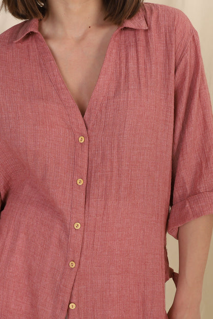 Beachly Shirt - Folded Collar Button Down Relaxed Shirt In Coral