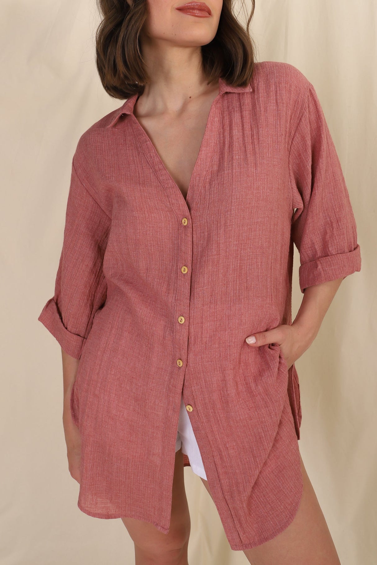 Beachly Shirt - Folded Collar Button Down Relaxed Shirt In Coral