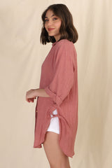 Beachly Shirt - Folded Collar Button Down Relaxed Shirt In Coral