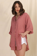 Beachly Shirt - Folded Collar Button Down Relaxed Shirt In Coral