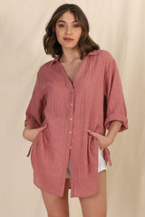 Beachly Shirt - Folded Collar Button Down Relaxed Shirt In Coral