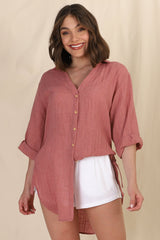 Beachly Shirt - Folded Collar Button Down Relaxed Shirt In Coral