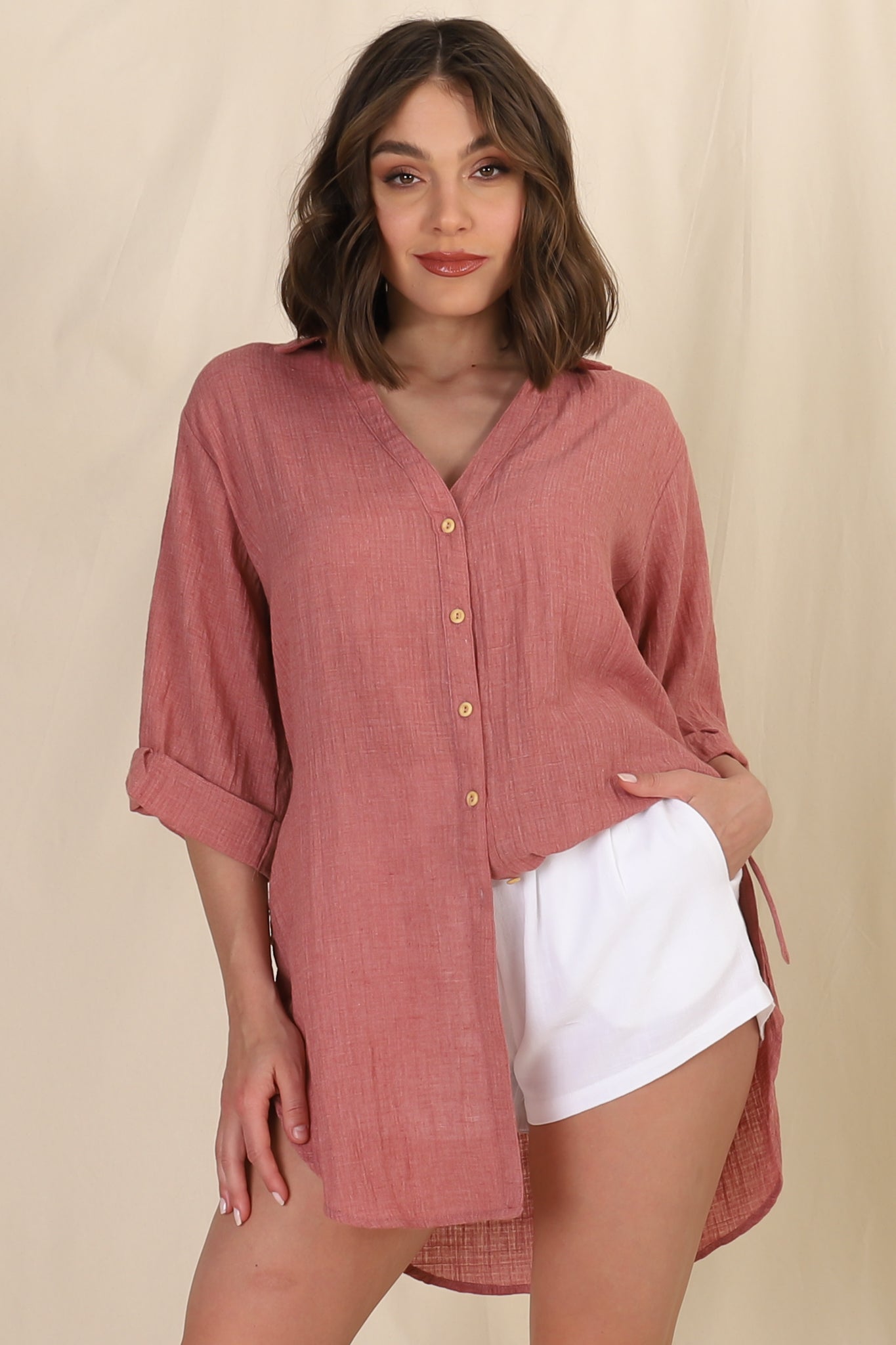 Beachly Shirt - Folded Collar Button Down Relaxed Shirt In Coral