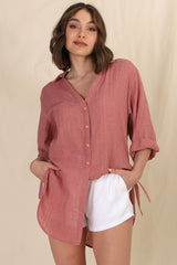 Beachly Shirt - Folded Collar Button Down Relaxed Shirt In Coral