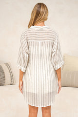 Beachly Shirt - Collared Button Down Oversized Shirt in Romilly Print White