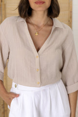 Beachly Shirt - Folded Collar Button Down Relaxed Shirt In Stone