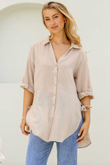 Beachly Shirt - Folded Collar Button Down Relaxed Shirt In Stone